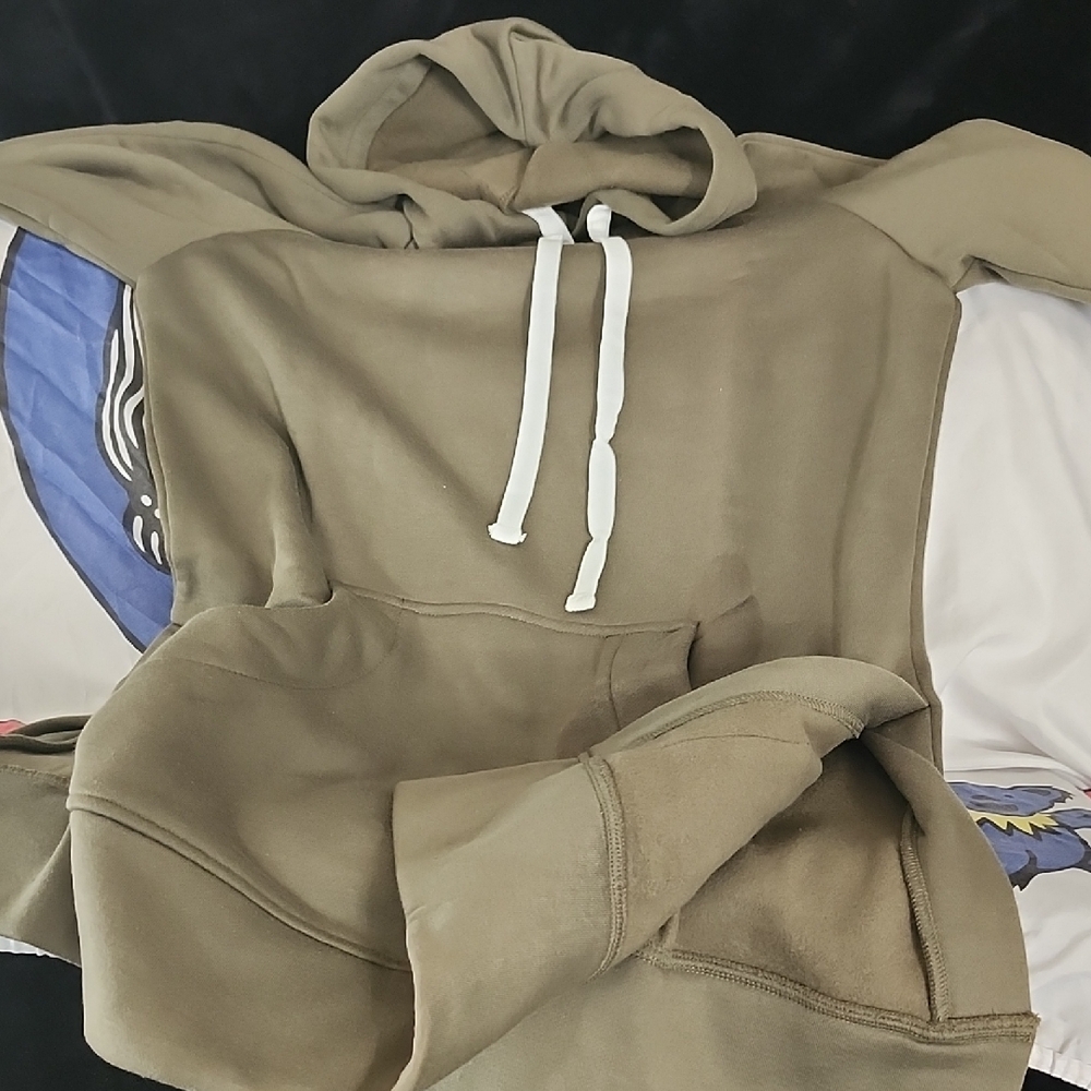 Olive Green Hoodie with White Drawstrings